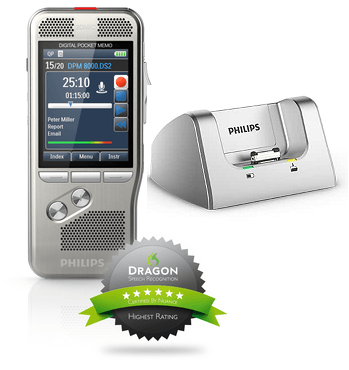 Philips PocketMemo DPM8000 dictation recorder with docking station recording DS2 files